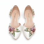 White Wedding Shoes with 3D Flowers Flat or High Heel & Bag