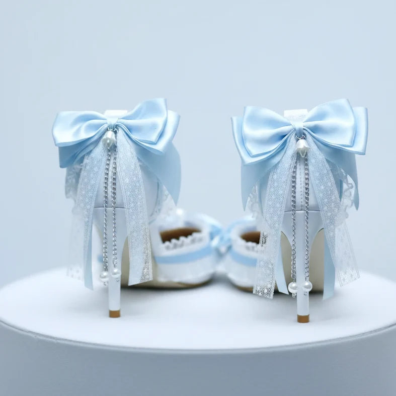 White & Blue High Heeled Lolita Cosplay Shoes Up to Size 7