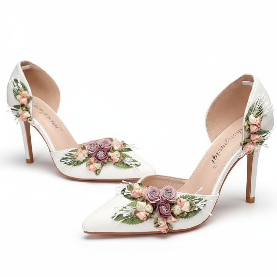 White Wedding Shoes with 3D Flowers Flat or High Heel & Bag