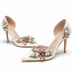 White Wedding Shoes with 3D Flowers Flat or High Heel & Bag