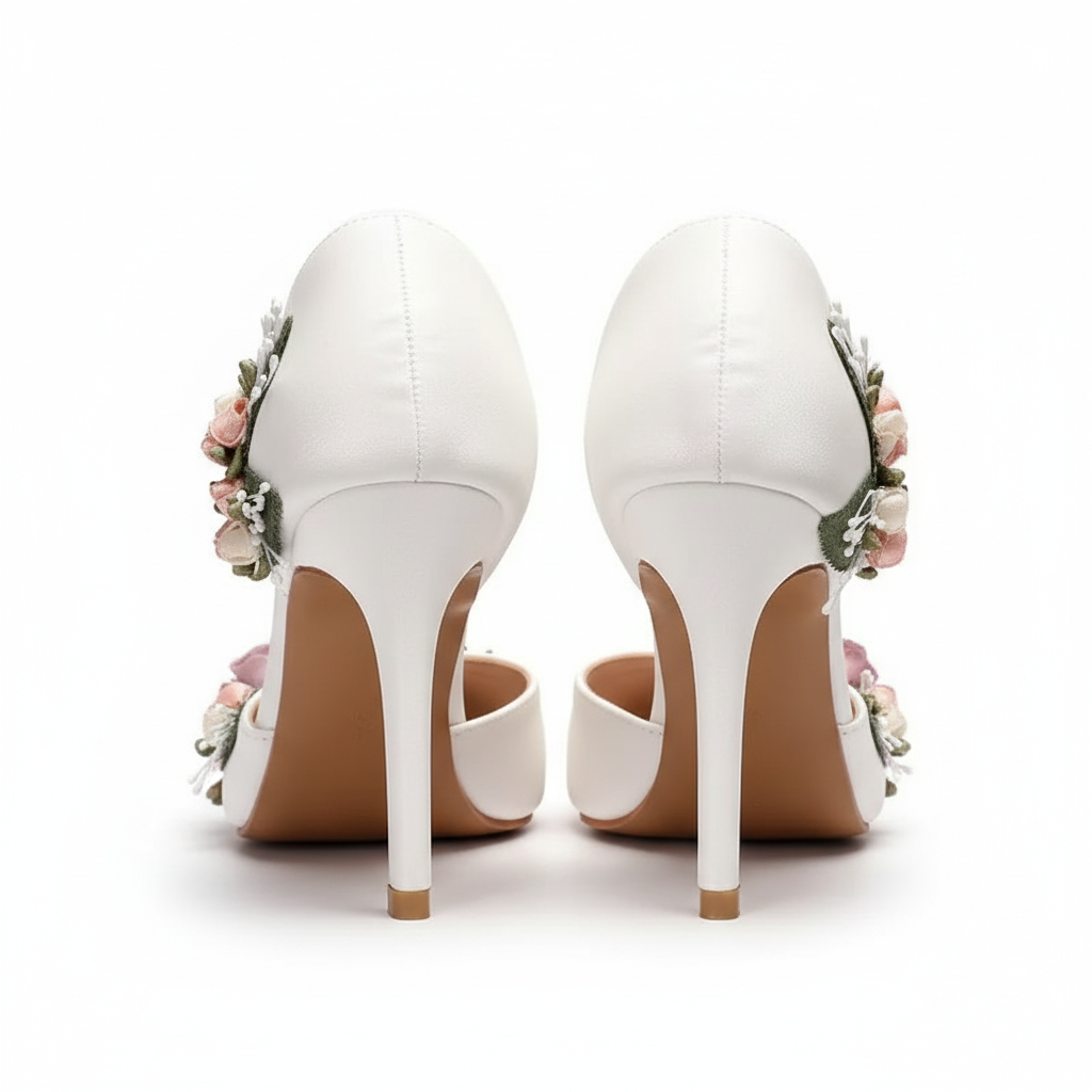 White Wedding Shoes with 3D Flowers Flat or High Heel & Bag