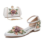 White Wedding Shoes with 3D Flowers Flat or High Heel & Bag