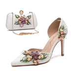 White Wedding Shoes with 3D Flowers Flat or High Heel & Bag