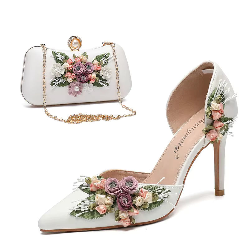 White Wedding Shoes with 3D Flowers Flat or High Heel & Bag