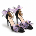 Luxury High Heel Shoes Black or Red Satin with Bows & Jewels