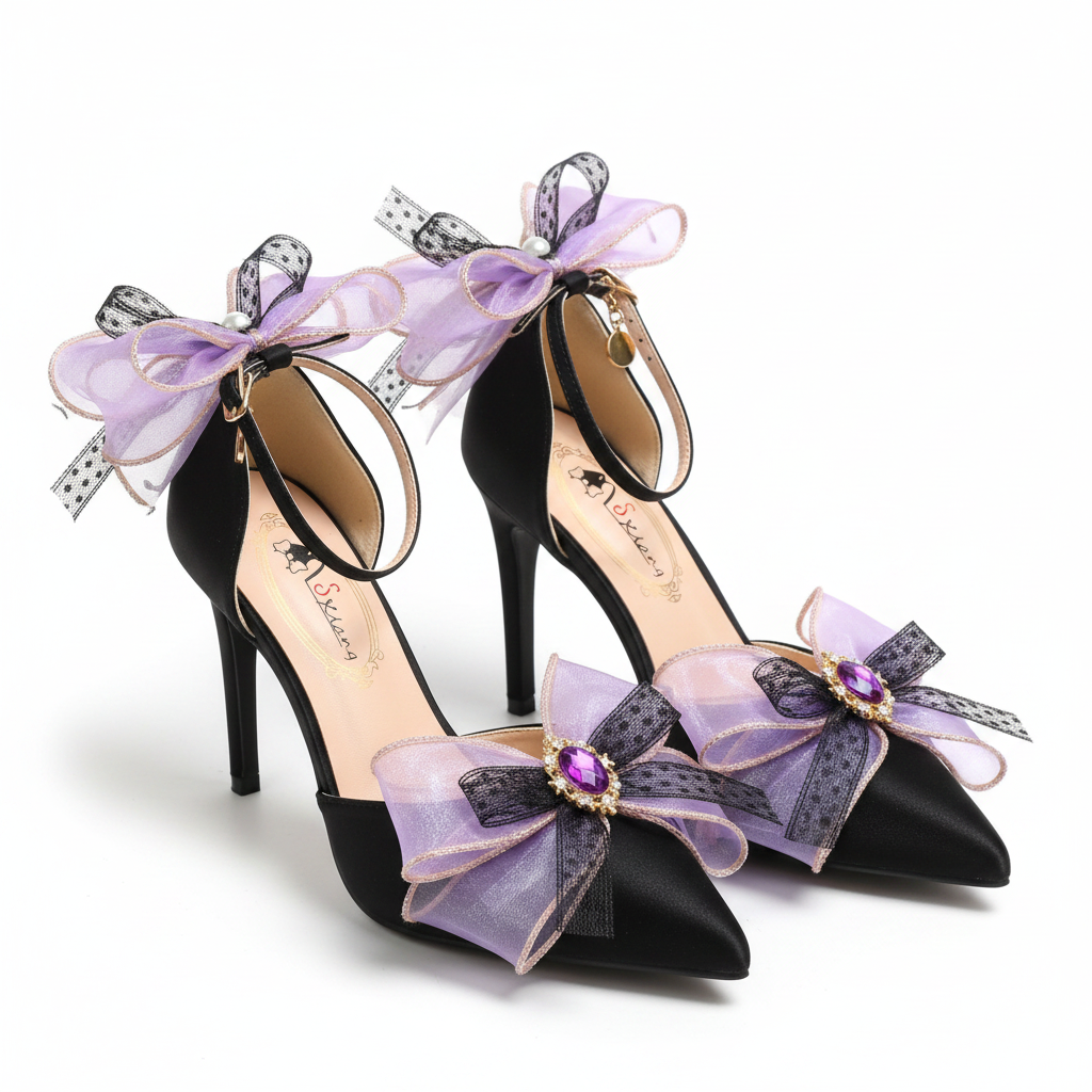 Luxury High Heel Shoes Black or Red Satin with Bows & Jewels