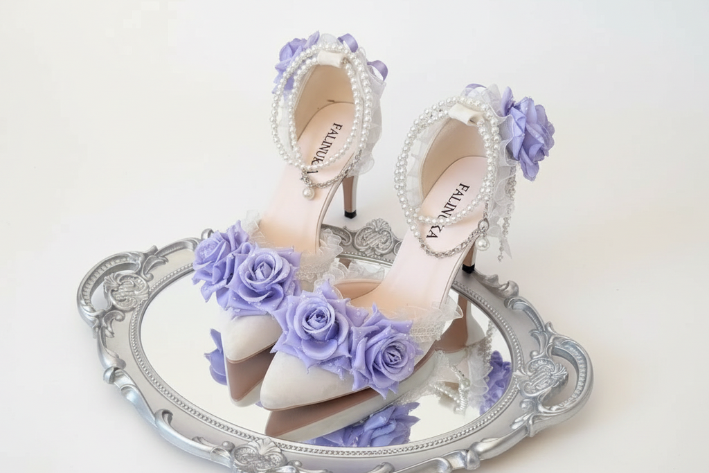 White High Heel Lolita Wedding Shoes with Lilac Purple Roses & Pearls