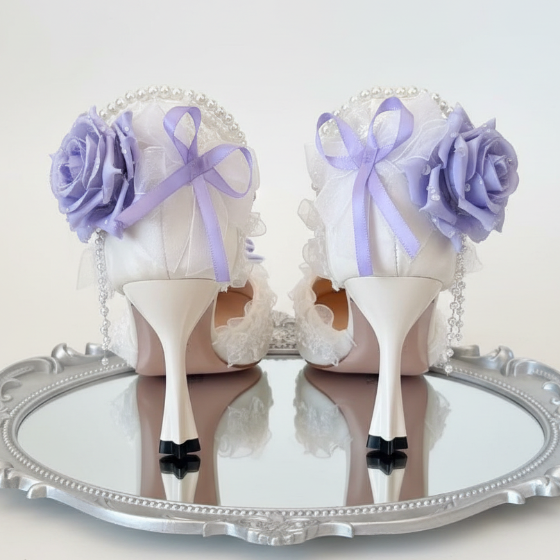 White High Heel Lolita Wedding Shoes with Lilac Purple Roses & Pearls