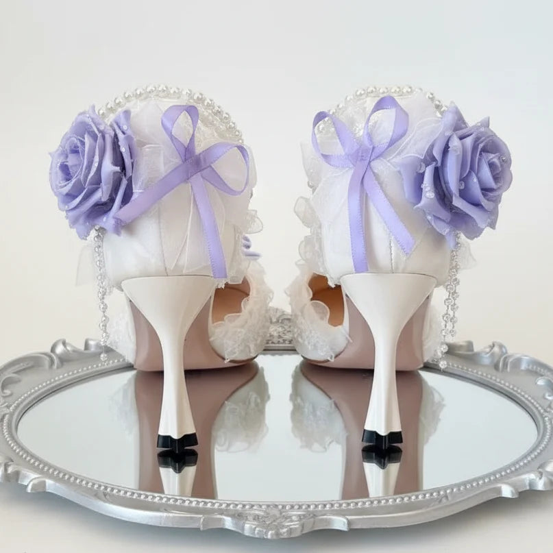White Lolita Wedding Shoes with Lilac Purple Roses & Pearls