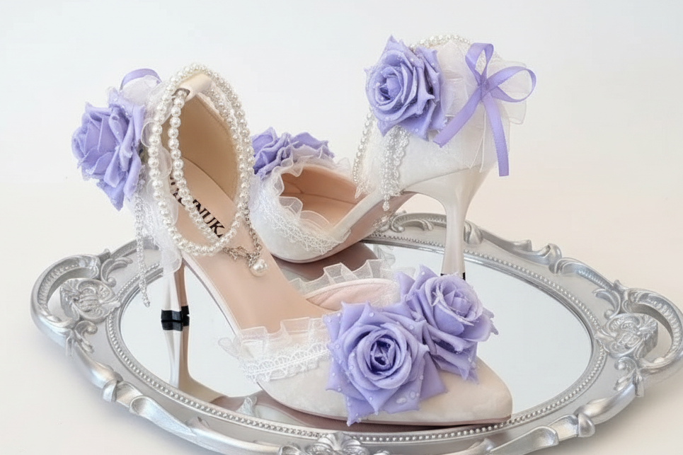 White High Heel Lolita Wedding Shoes with Lilac Purple Roses & Pearls