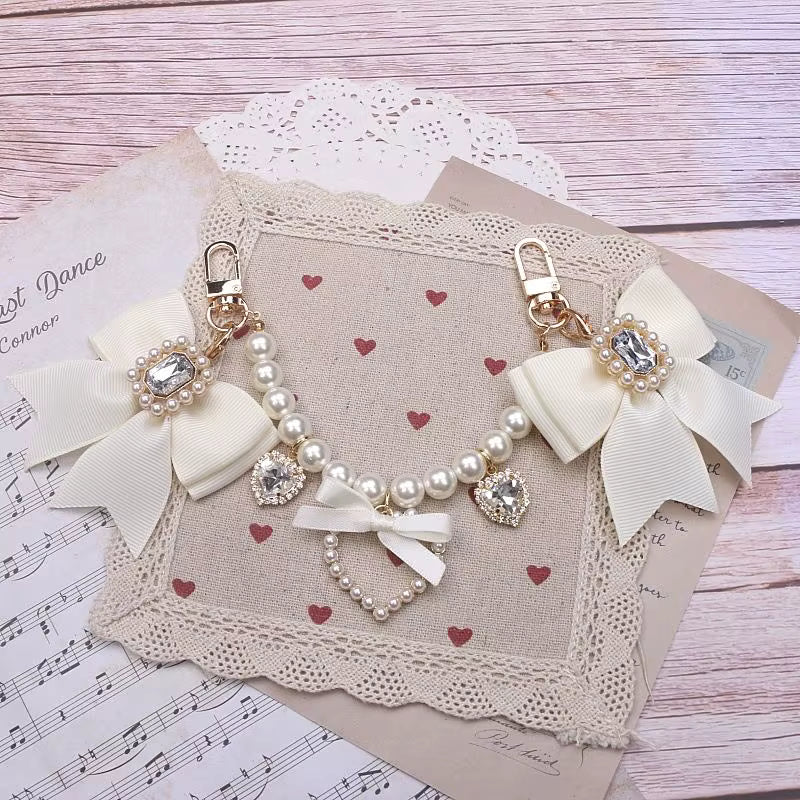 Lolita Ivory Satin Bows & Hearts Bag Charms Accessories