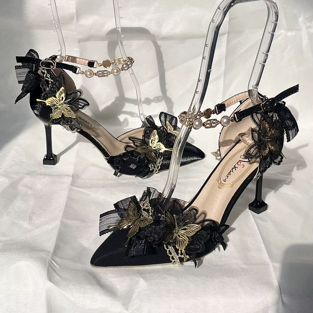 Black Pointed Toe High Heel Shoes with Gold Butterfly and Bows