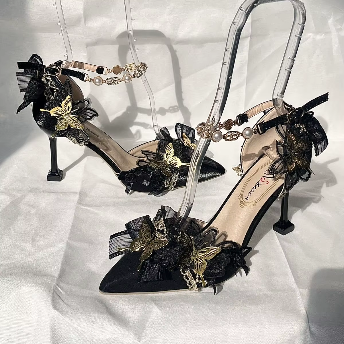 Black Pointed Toe High Heel Shoes with Gold Butterfly and Bows