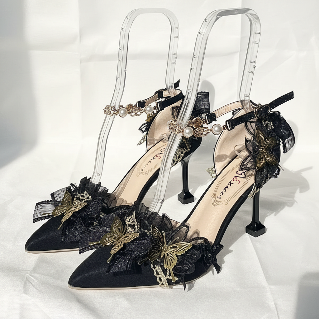 Black Pointed Toe High Heel Shoes with Gold Butterfly and Bows