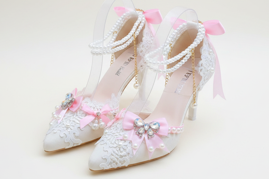 A pair of high-heeled shoes with pointed toes, decorated with white lace, faux pearls, pink ribbons, and crystal bow accents, displayed on a white textured surface with green foliage in the background.