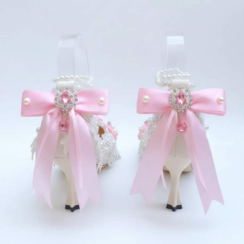 Ornate White Bridal Shoes with Pink Bows & Jewels