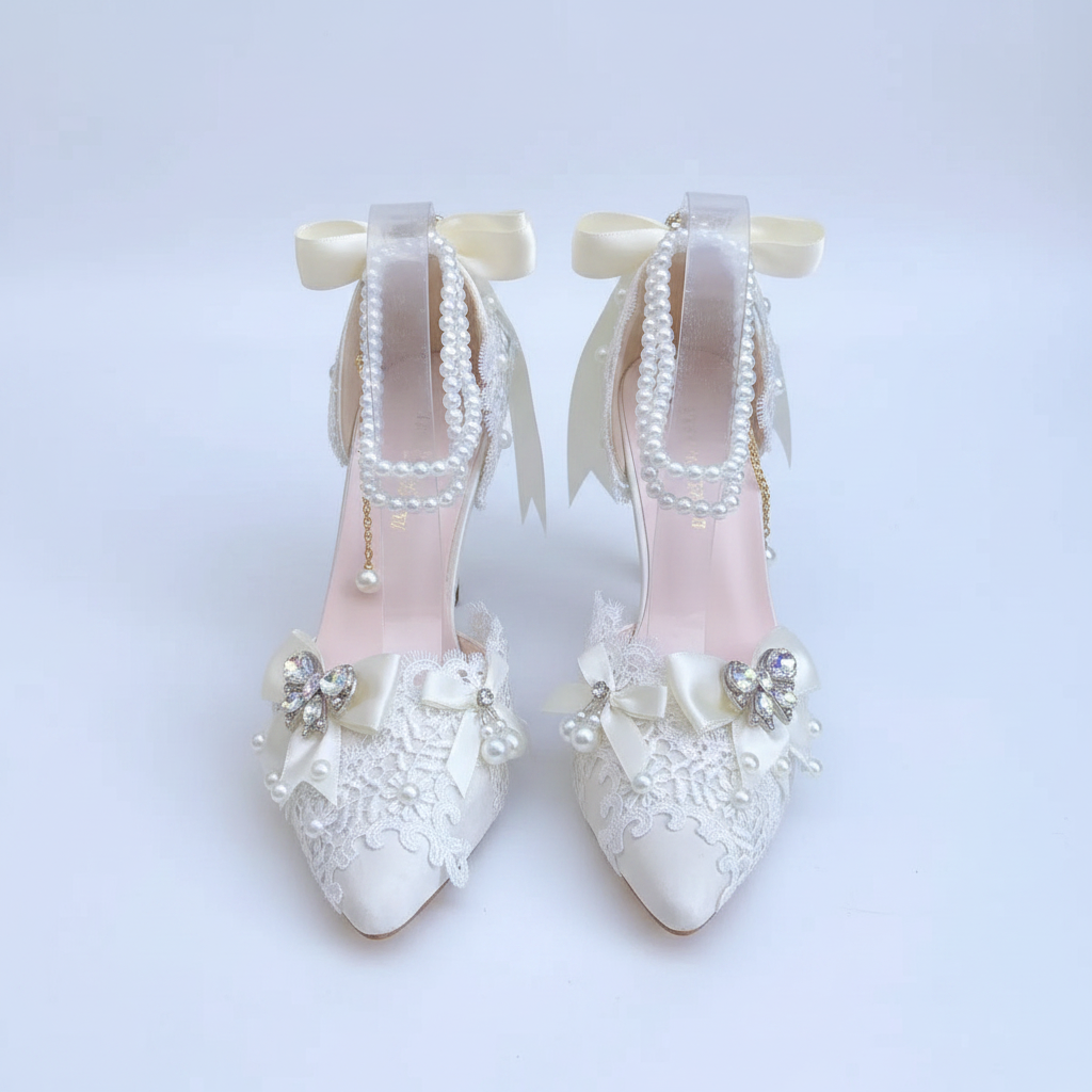 A pair of bridal high-heeled shoes in ivory lace with pearl straps, cream satin bows, and jeweled floral embellishments, displayed on a white textured surface with a blurred garden background.