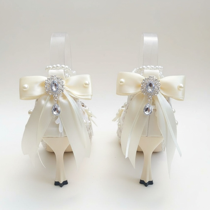 Ornate Ivory Bridal Shoes with Satin Bows & Pearl Straps