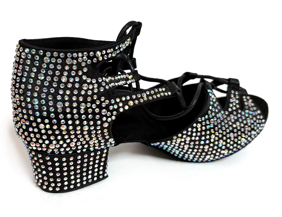 Black Silver Rhinestone Latin Salsa Dance Shoes with Cuban Heel