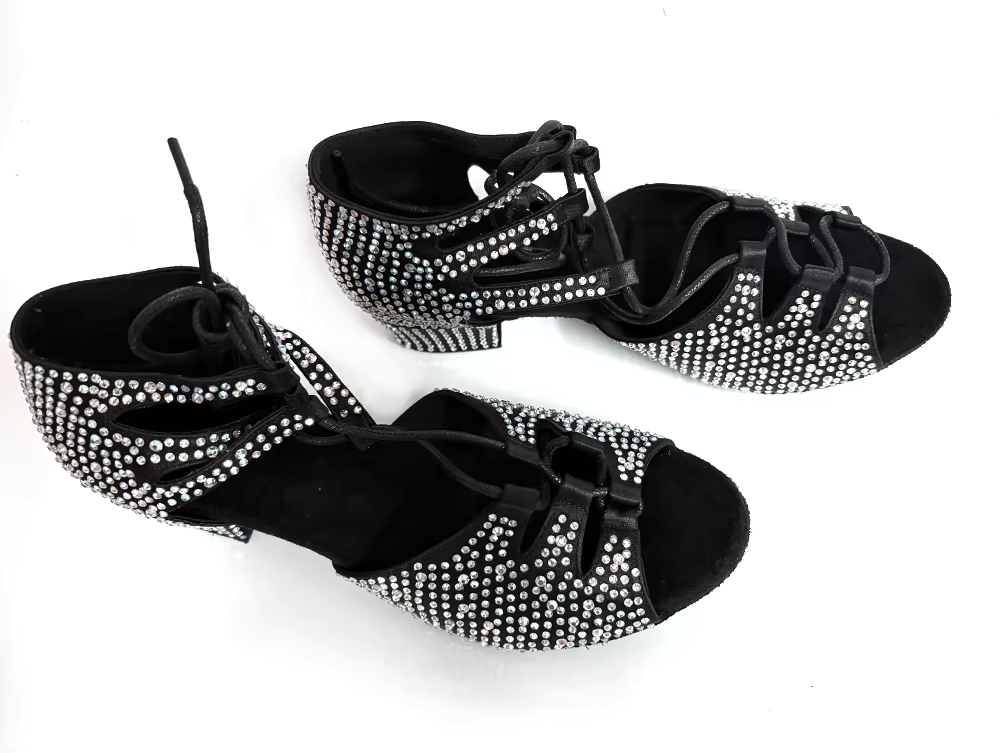 Black Silver Rhinestone Latin Salsa Dance Shoes with Cuban Heel
