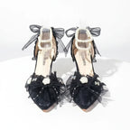 Black High Heel Shoes with Bows & Double Pearl Strap