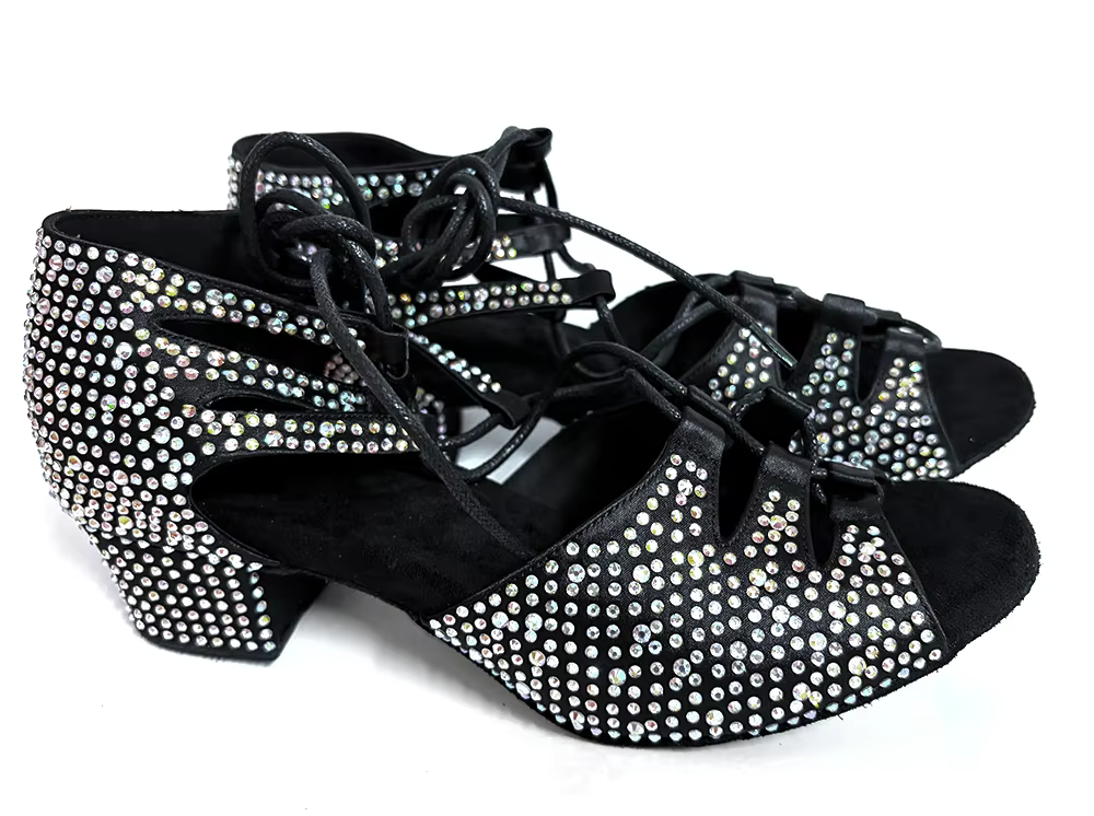 Black Silver Rhinestone Latin Salsa Dance Shoes with Cuban Heel
