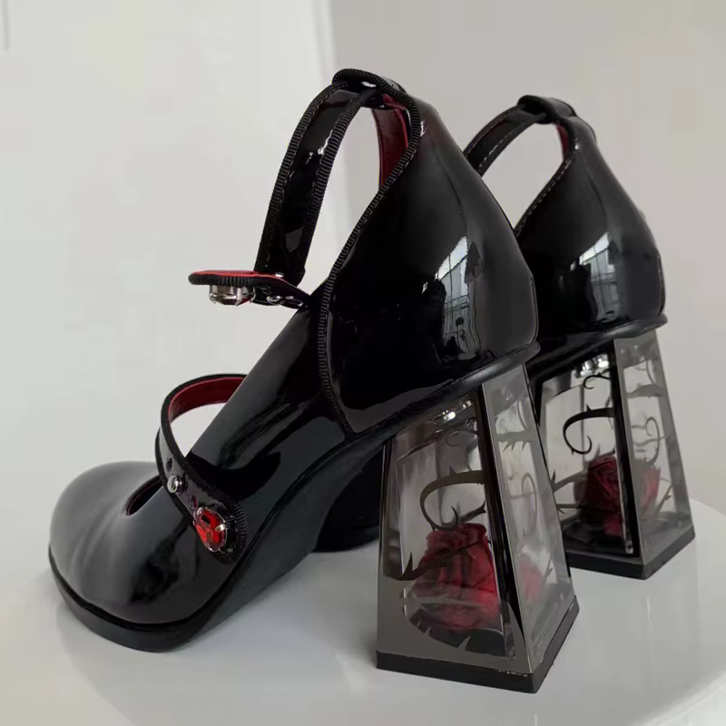 Black & Red Red Rose Heeled Platform Shoes Goth Y2K