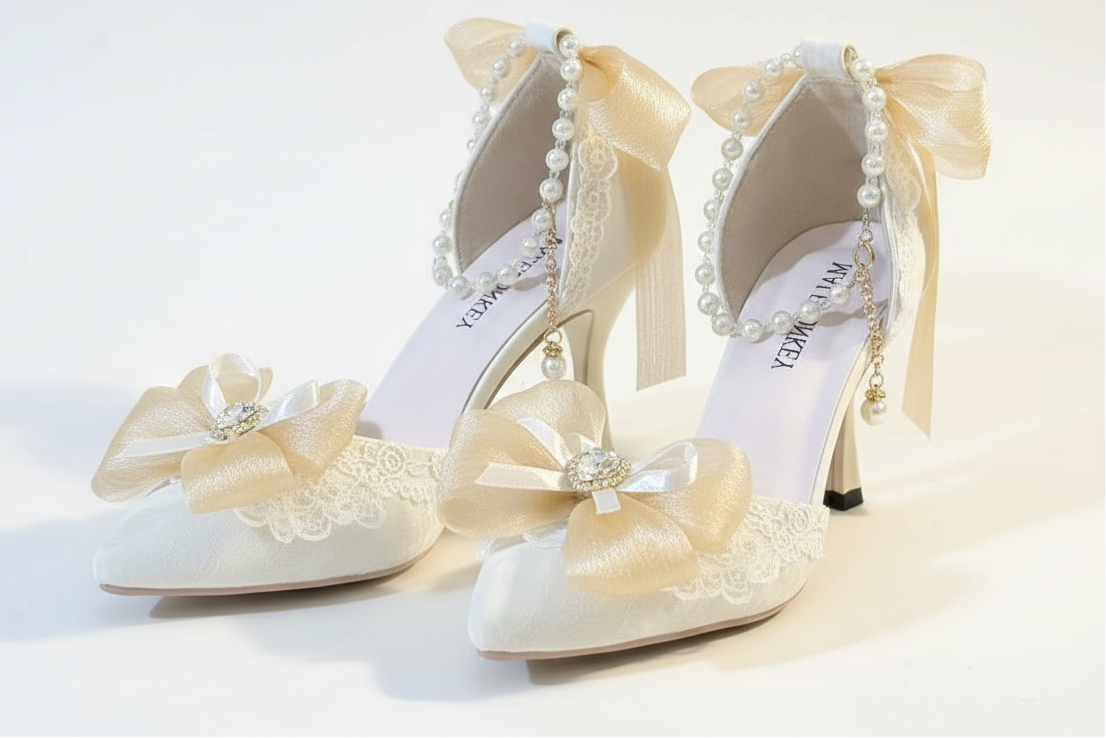 Ornate Ivory Bridal Shoes with Pale Yellow Bows & Anklet