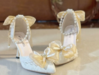 Ornate Ivory Bridal Shoes with Pale Yellow Bows & Anklet