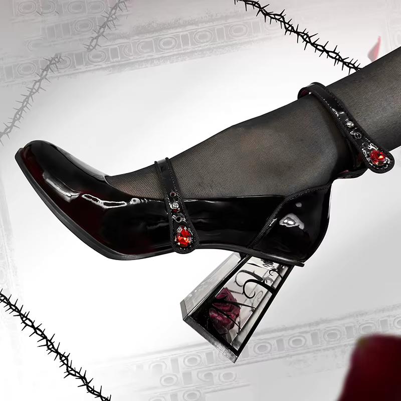 Black & Red Red Rose Heeled Platform Shoes Goth Y2K