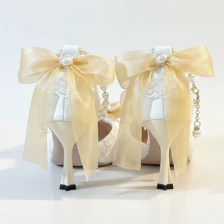 Ornate Ivory Bridal Shoes with Pale Yellow Bows & Anklet