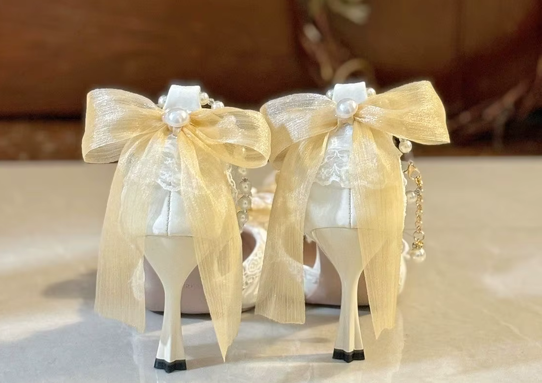 Ornate Ivory Bridal Shoes with Pale Yellow Bows & Anklet