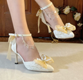 Ornate Ivory Bridal Shoes with Pale Yellow Bows & Anklet