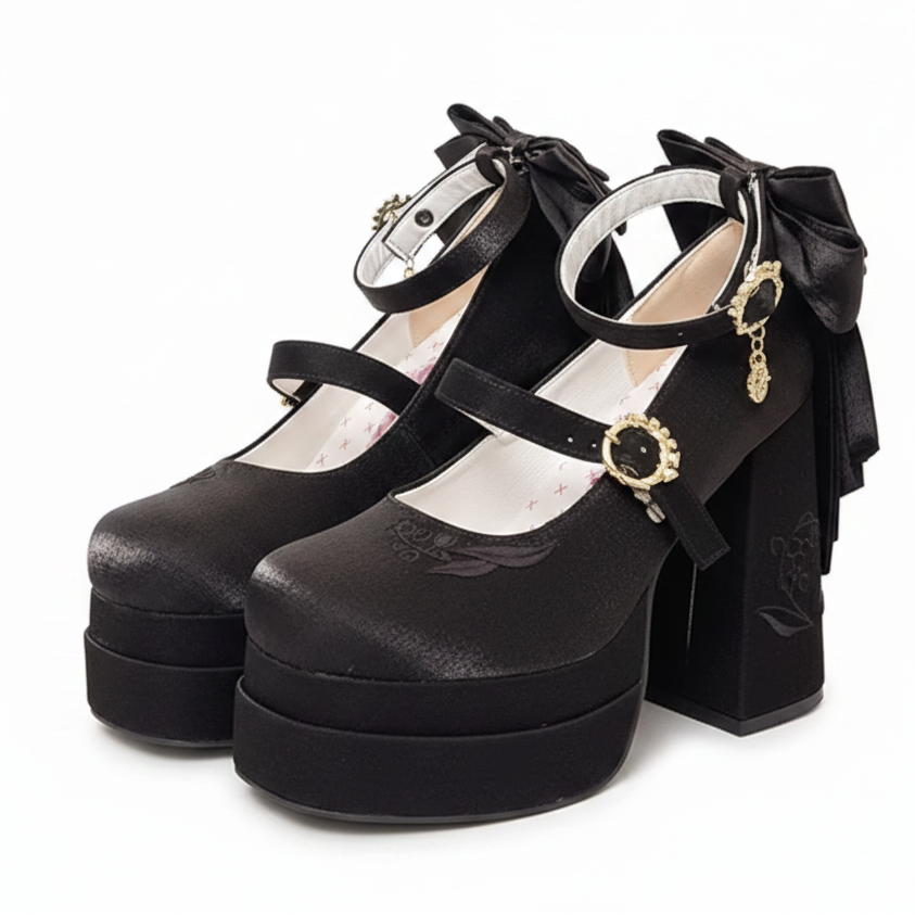 Black Ribbon Heeled Mary Jane Platform Shoes Goth Y2K