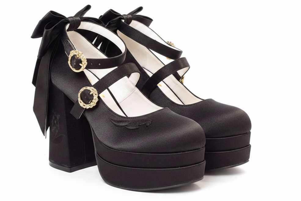 Black Ribbon Heeled Mary Jane Platform Shoes Goth Y2K