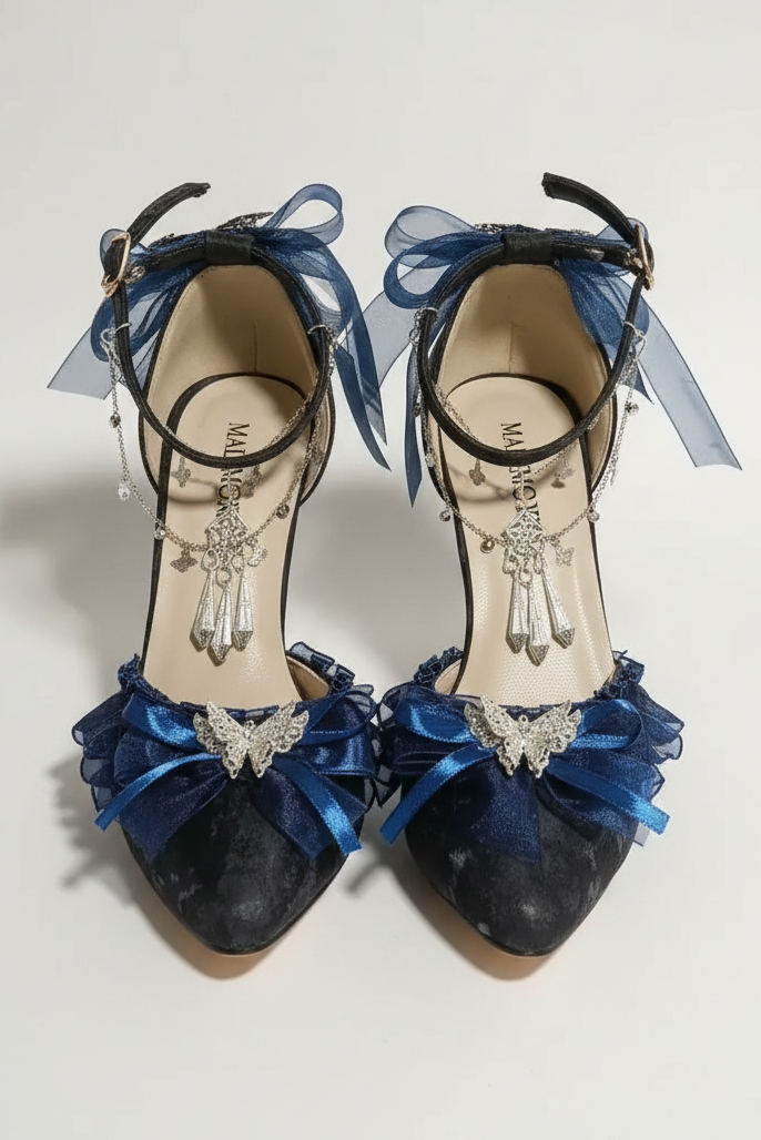 Black High Heel Pumps with Electric Blue Bows & Silver Butterfly
