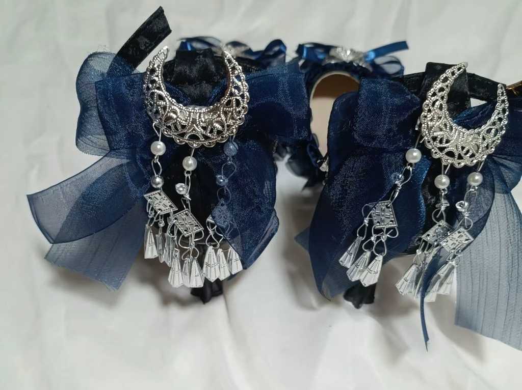 Black High Heel Pumps with Electric Blue Bows & Silver Butterfly