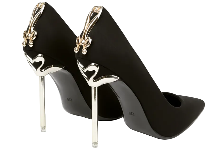 Black Satin Evening Pumps with Gold Stiletto Heel Shoes