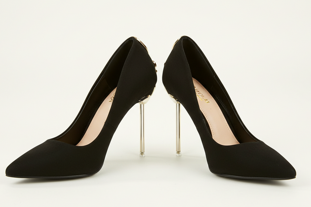 Black Satin Evening Pumps with Gold Stiletto Heel Shoes