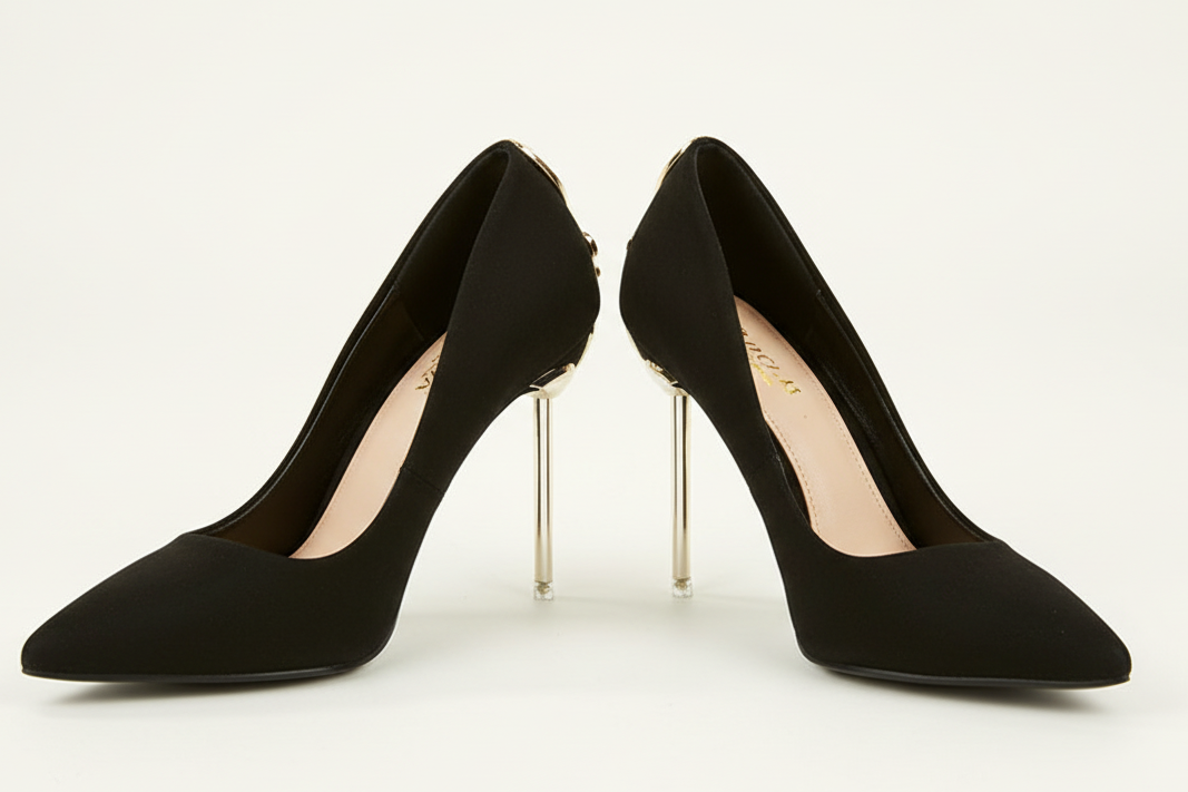 Black Satin Evening Pumps with Gold Stiletto Heel Shoes