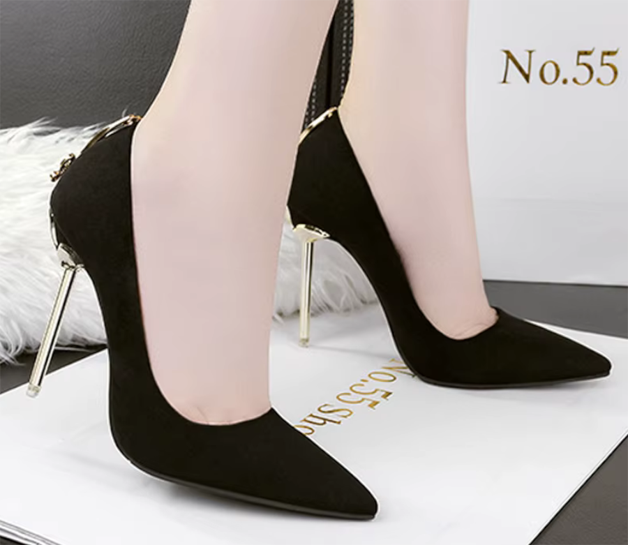 Black Satin Evening Pumps with Gold Stiletto Heel Shoes