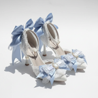 Elegant Ivory 6cm Heel Wedding Shoes with Blue Bows & Matching Bag