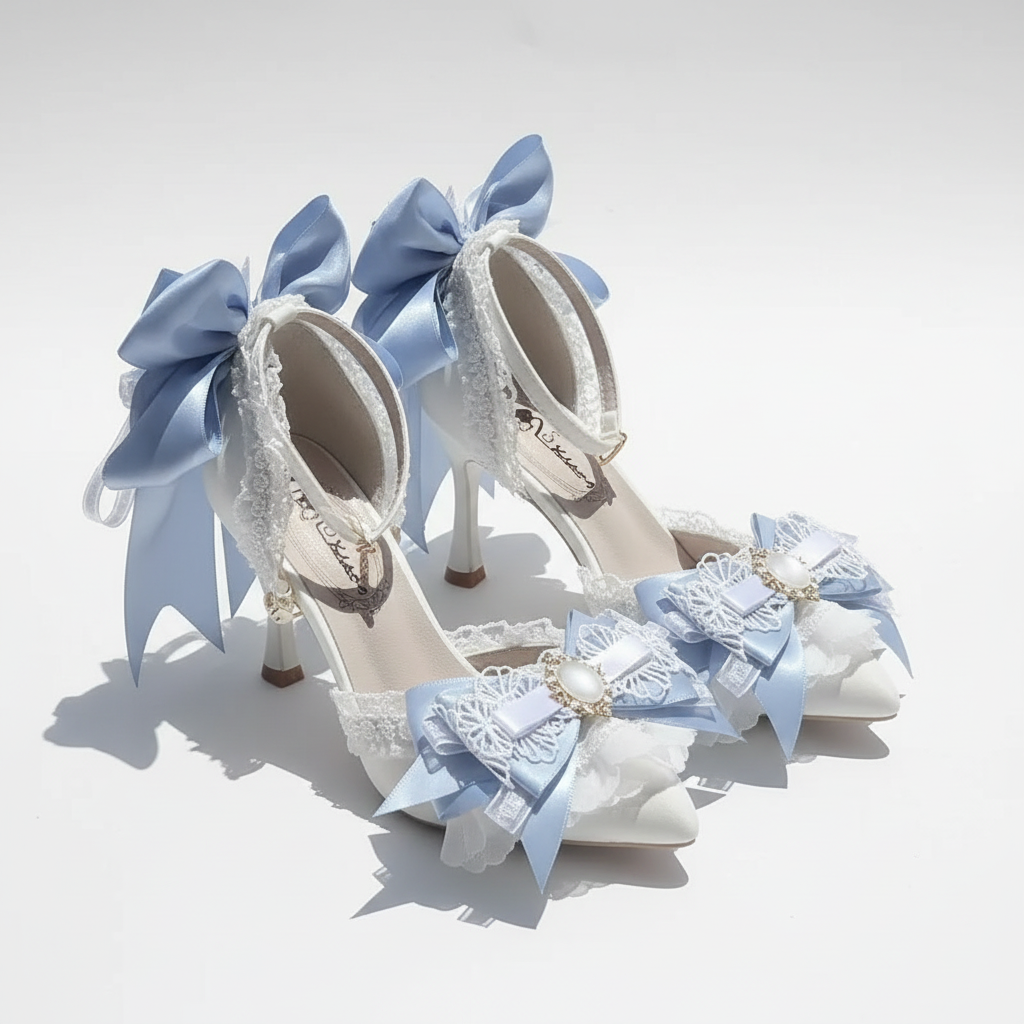 Elegant Ivory 6cm Heel Wedding Shoes with Blue Bows & Matching Bag
