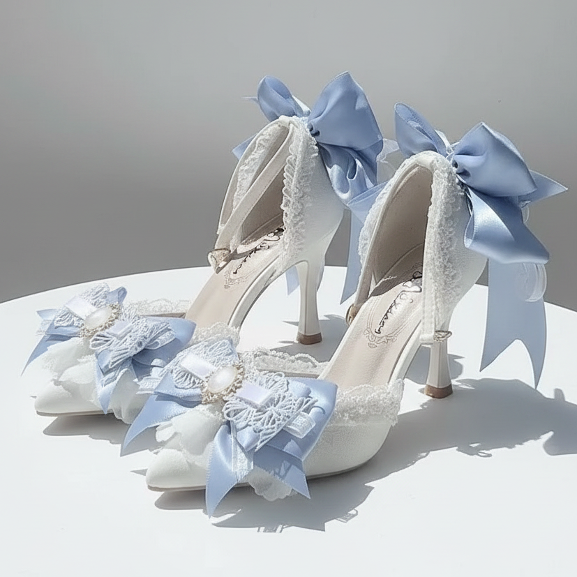 Elegant Ivory 6cm Heel Wedding Shoes with Blue Bows & Matching Bag