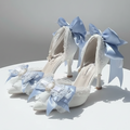 Elegant Ivory 6cm Heel Wedding Shoes with Blue Bows & Matching Bag