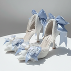 Elegant Ivory 6cm Heel Wedding Shoes with Blue Bows & Matching Bag