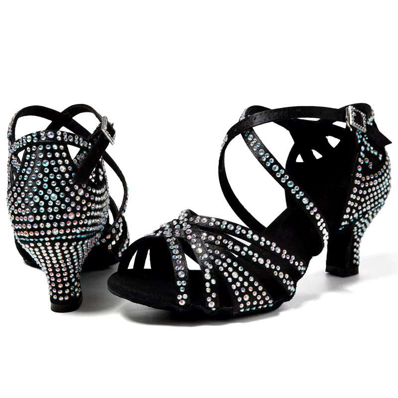 Black & Silver Rhinestone Latin Salsa Dance Shoes Upto Size 9