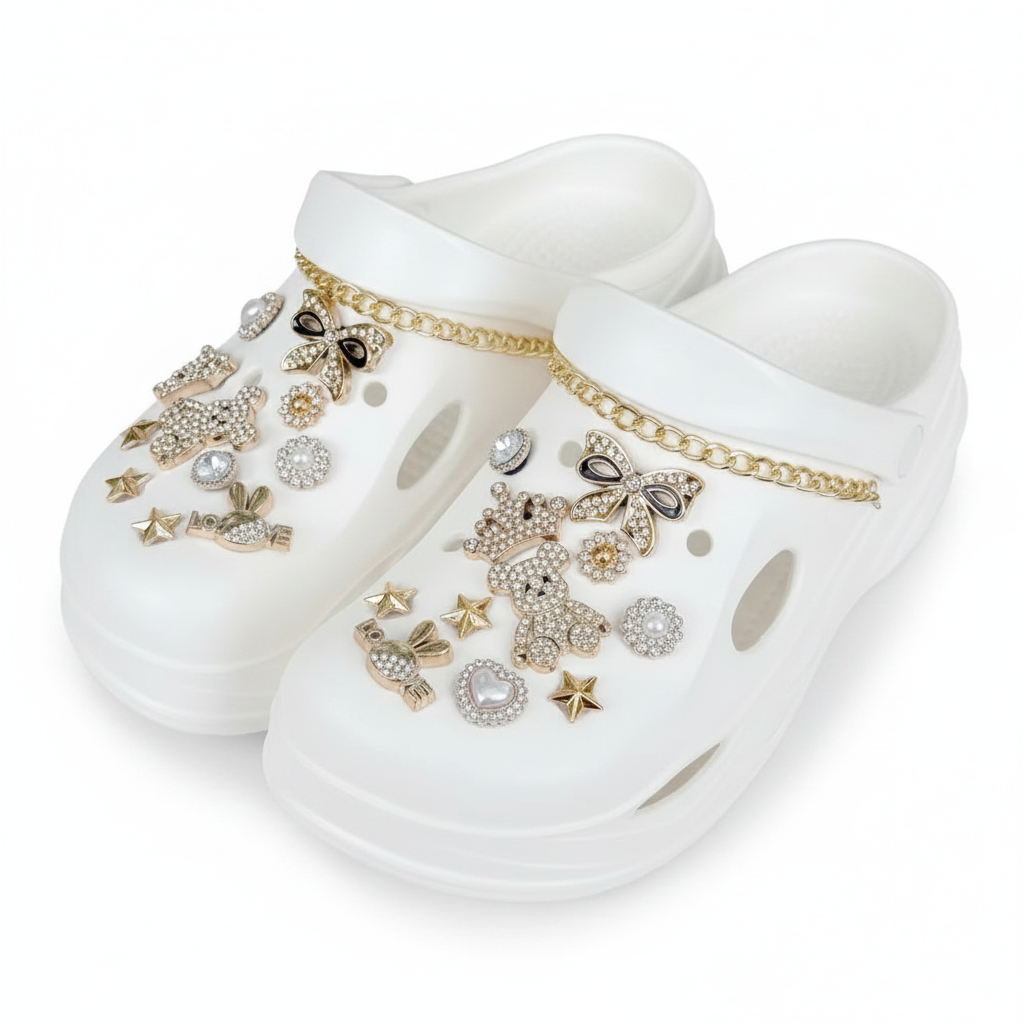 Pack of 24 CROC Charms Gold Diamante with Chain