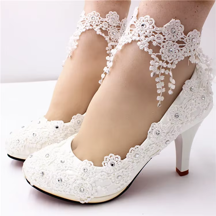 Exquisite White Lace & Pearls 8cm Heel Wedding Lolita Shoes