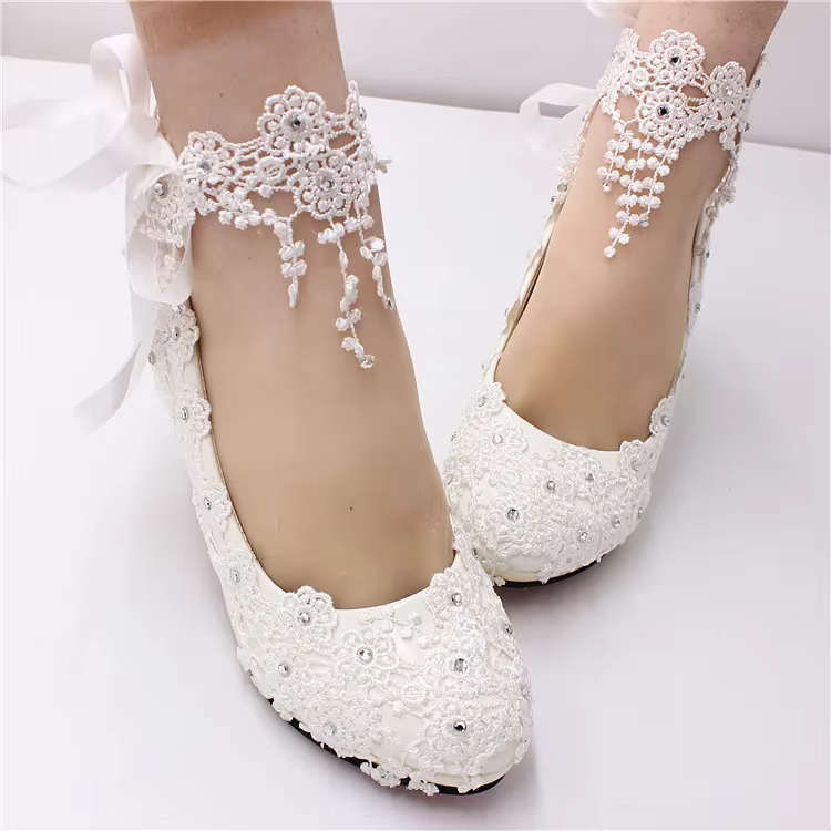 Exquisite White Lace & Pearls 8cm Heel Wedding Lolita Shoes